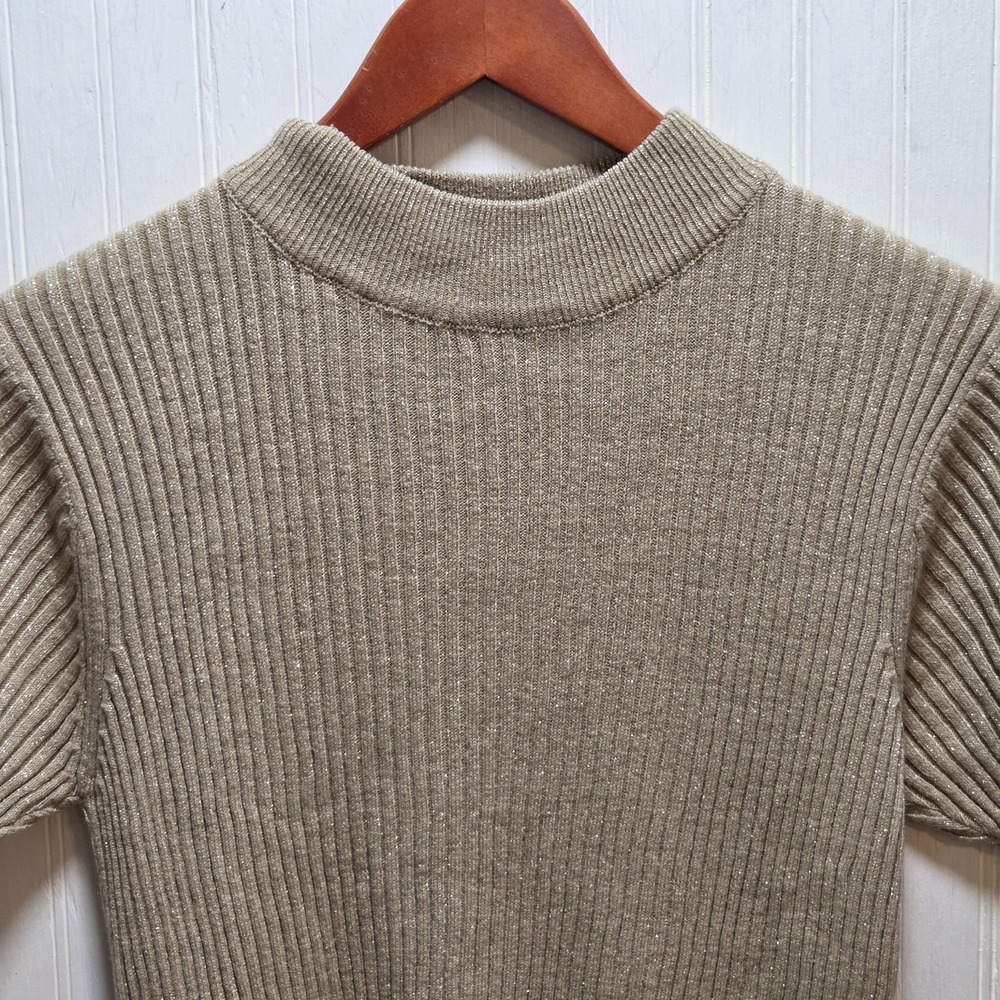 Crystal Kobe Sweater Womens Medium Gold Mock Neck Short Sleeve Metallic Knit